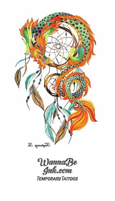 Green and Orange Dragon Wrapped Dream Catcher Best Temporary Tattoos