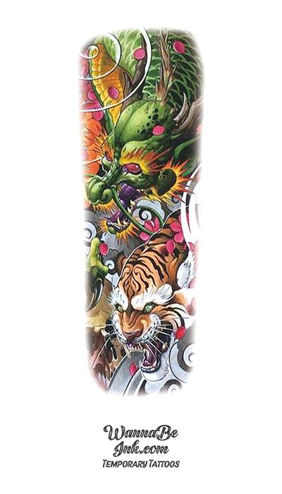 Green Dragon and Orange Tiger Temporary Sleeve Tattoos
