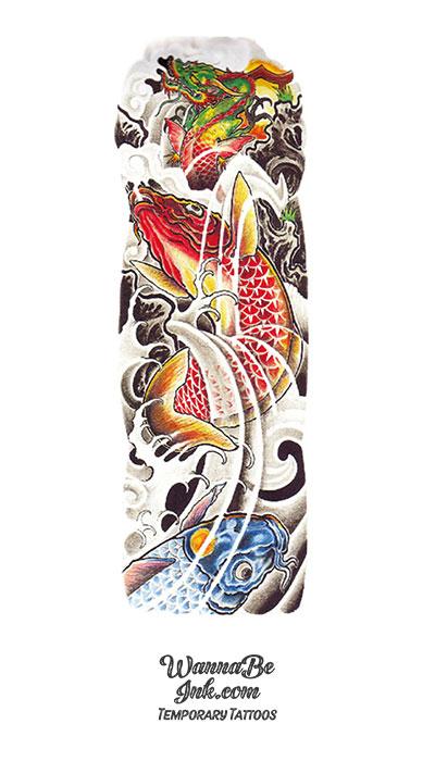Green Dragon with Red and Blue Koi Fish Temporary Sleeve Tattoos