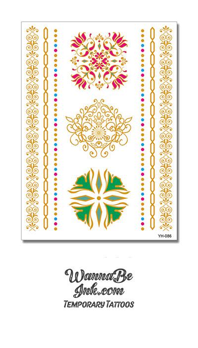 Green Flower Pink Flower Gold Crest and Bands Metallic Temporary Tattoos