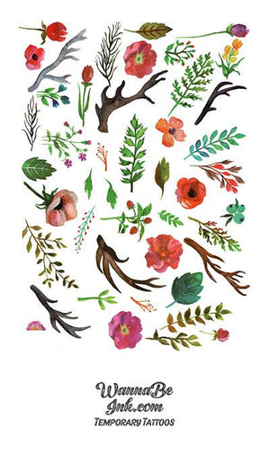 Green Leaves Red Flowers and Antlers Best Temporary Tattoos
