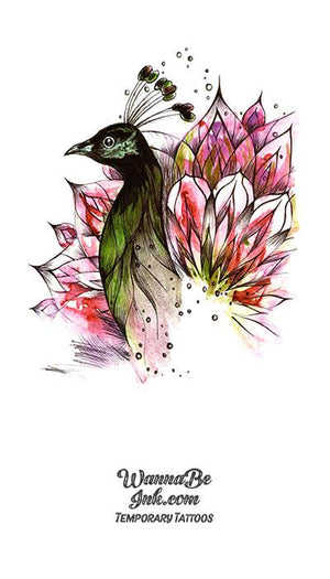 Green Peacock and Pink Feathers Best Temporary Tattoos