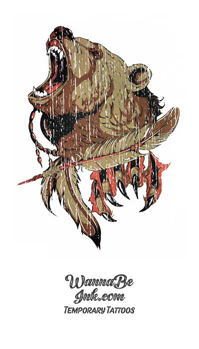Growling Bear and Feathers Best Temporary Tattoos