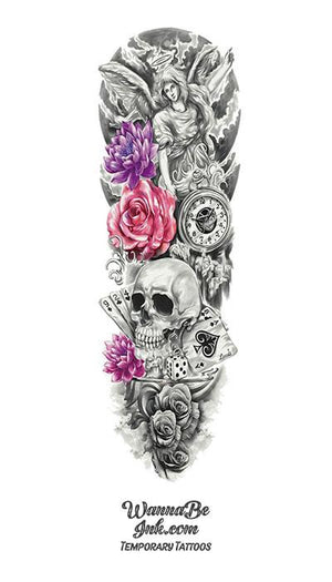 card tattoo sleeve Guardian Angel Clock Lotus Rose Skull Playing Cards Dice Temporary Sleeve Tattoos| WannaBeInk.com
