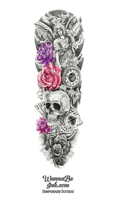 Guardian Angel Clock Lotus Rose Skull Playing Cards Dice Temporary Sleeve Tattoos Guardian Angel Clock Lotus Rose Skull Playing Cards Dice Temporary Sleeve Tattoos