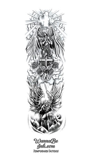 Guardian Angel Cross Soldier Dogtags Dove Roses Temporary Sleeve Tattoos
