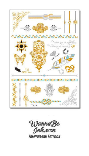 Hamsa Hand Black Sun Feather and Butterfly with Hamsa Hands Metallic Temporary Tattoos