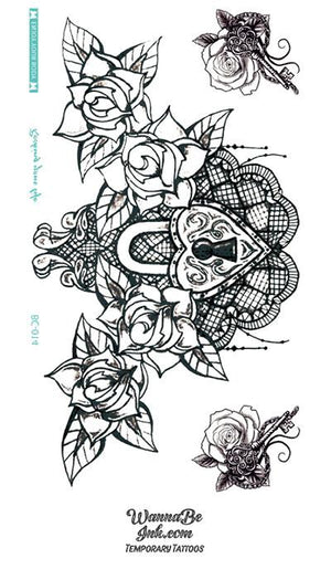 Heart Lock and Roses Drawn in Black Temporary Chest Tattoos
