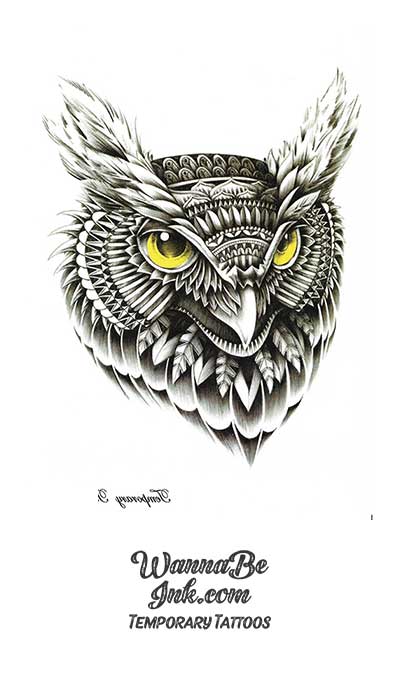 Horned Owl Head with Golden Eyes Best Temporary Tattoos