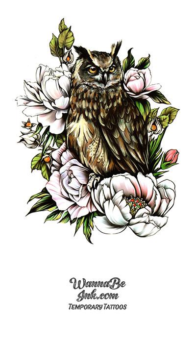Horned Owl On White Rose Bed Best Temporary Tattoos
