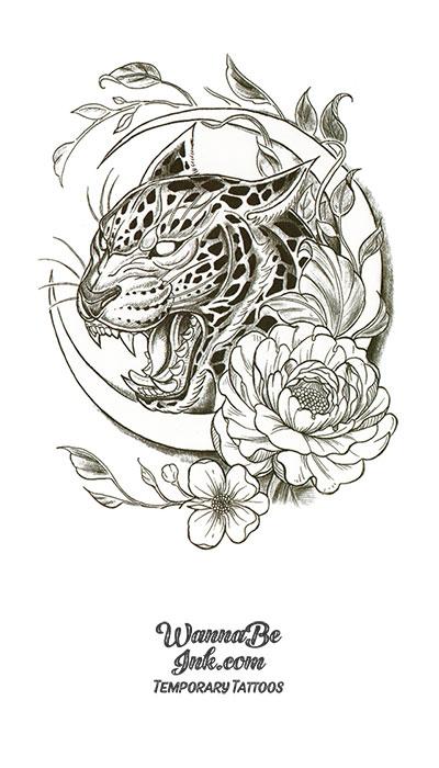 Howling Jaguar in Crescent Moon with Roses Best Temporary Tattoos