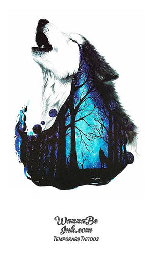 Howling White Wolf Over Dark Forest Best Temporary Tattoos