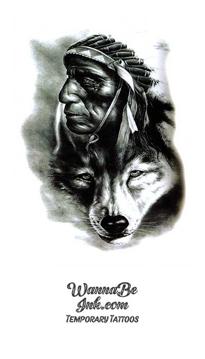 Indian Chief And Wolf Best Temporary Tattoos