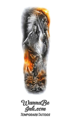 Indian Chief Native American Brave Wolf Howling Teepees Temporary Sleeve Tattoos