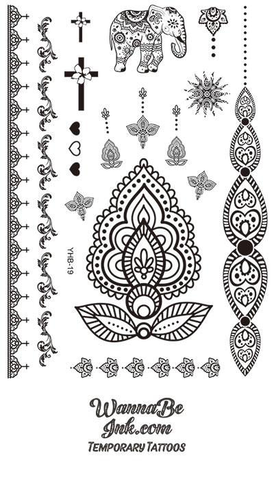 Indian Elephant Cross Heart Flower Henna Style Black Temporary Tattoo ...