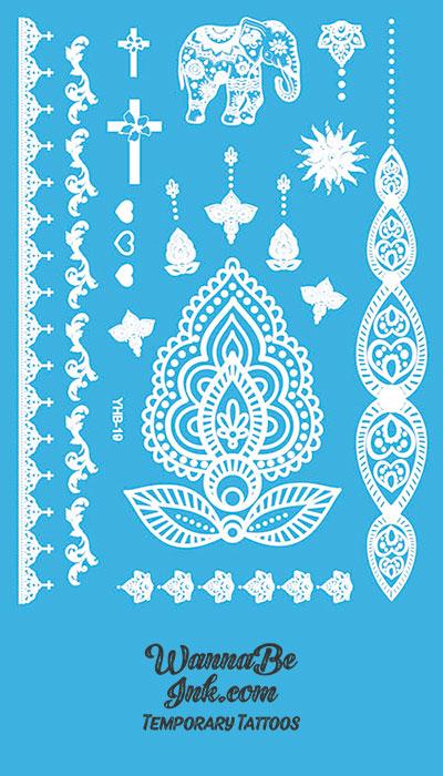 Indian Elephant Cross Heart Flower Henna Style White Temporary Tattoo Sheet