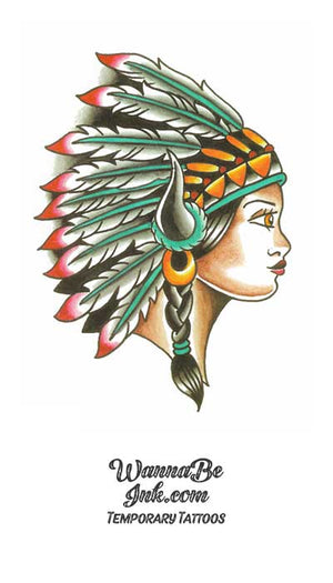 Indian Woman In Headdress with Buffalo Horns Best Temporary Tattoos