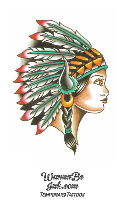 Indian Woman In Headdress with Buffalo Horns Best Temporary Tattoos| WannaBeInk.com Indian Woman In Headdress with Buffalo Horns Best Temporary Tattoos| WannaBeInk.com