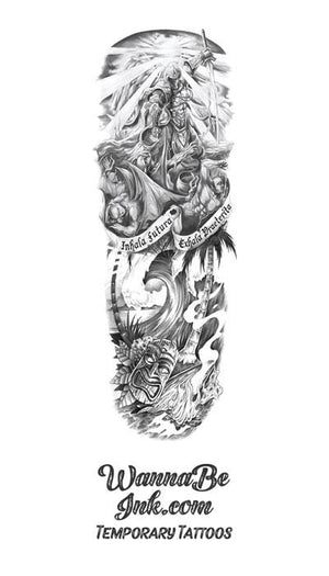 "Inhala Futura. Exhala Praeterita" Guardian Angel Demons Hawaiian Wave Temporary Sleeve Tattoos