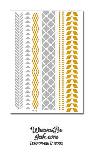 Interwoven Diamonds and Leaves In Silver And Gold Metallic Temporary Tattoos