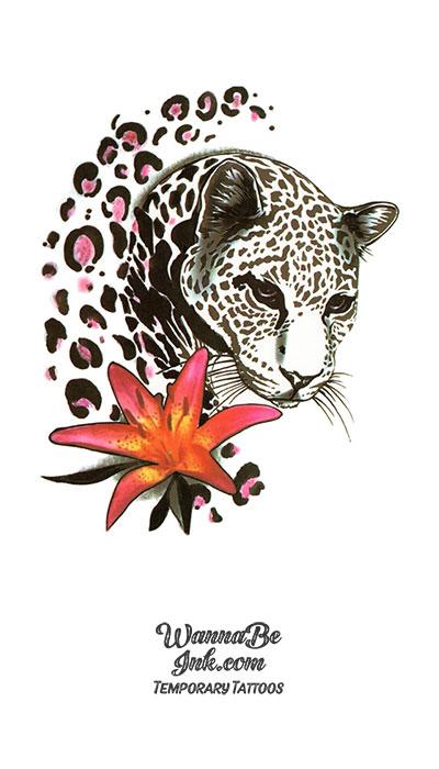 Jaguar and Bright Pink Flower Best Temporary Tattoos