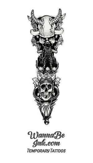 Japanese Demon and Samurai Skulls in Black and White Temporary Sleeve Tattoos