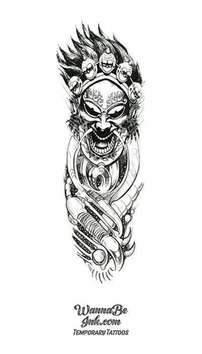 Japanese Demon Kabuki Style Temporary Sleeve Tattoos| WannaBeInk.com