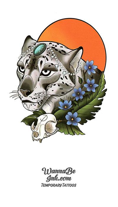 Jeweled Mountain Lion and Flowers Best Temporary Tattoos