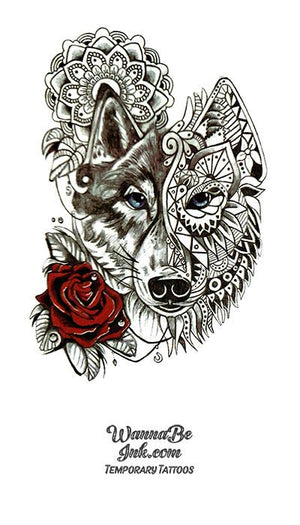 Jeweled Wolf and Red Rose Best temporary Tattoos