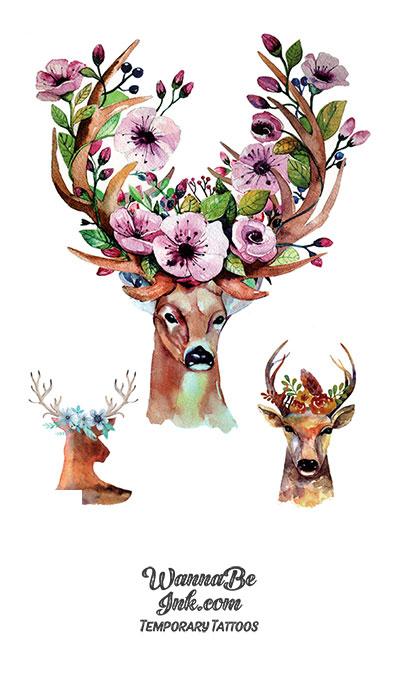 Large Deer With Purple Flower Blooms In Antlers Best Temporary Tattoos