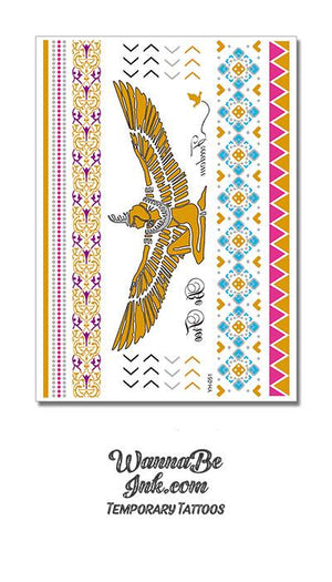 Large Winged Egyptian Goddess in Gold with Purple Blue and Pink Metallic Temporary Tattoos