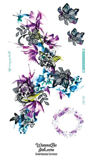 Lavender and Light Blue Flowers Temporary Chest Tattoos For Women