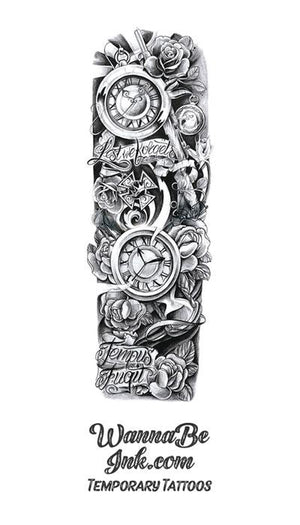 "Lest We Forget. Tempus Fugit" Roses Kar98 War Medal Clock Stop Watch Temporary Sleeve Tattoos