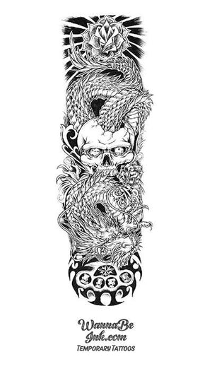 "Life" Black and White Dragon Skull Lotus Temporary Sleeve Tattoos