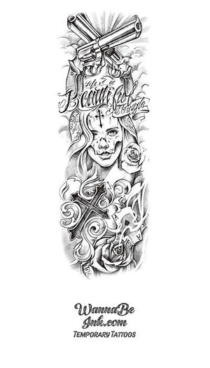Life is a Beautiful Struggle Chola Girl with Guns Cross Rose Playing Cards Temporary Sleeve Tattoos