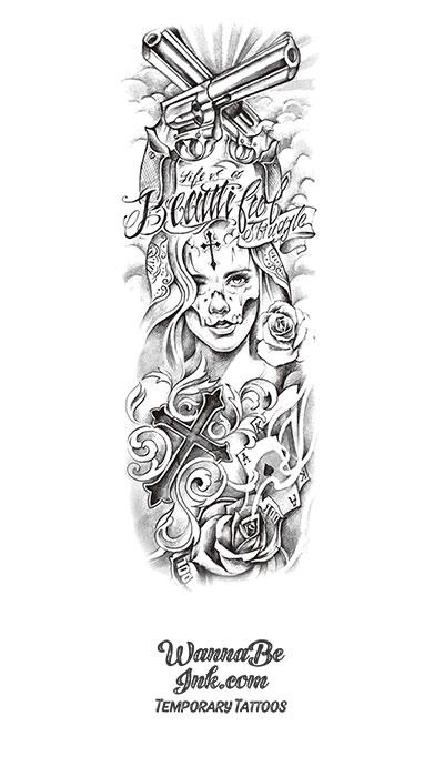 Life is a Beautiful Struggle Chola Girl with Guns Cross Rose Playing Cards Temporary Sleeve Tattoos| WannaBeInk.com Life is a Beautiful Struggle Chola Girl with Guns Cross Rose Playing Cards Temporary Sleeve Tattoos| WannaBeInk.com