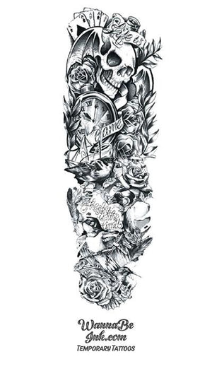 "Life is a Game. The Sky is the Limit." Skull Time Playing Cards Roses Temporary Sleeve Tattoos "Life is a Game. The Sky is the Limit." Skull Time Playing Cards Roses Temporary Sleeve Tattoos