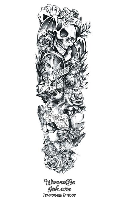 "Life is a Game. The Sky is the Limit." Skull Time Playing Cards Roses Temporary Sleeve Tattoos