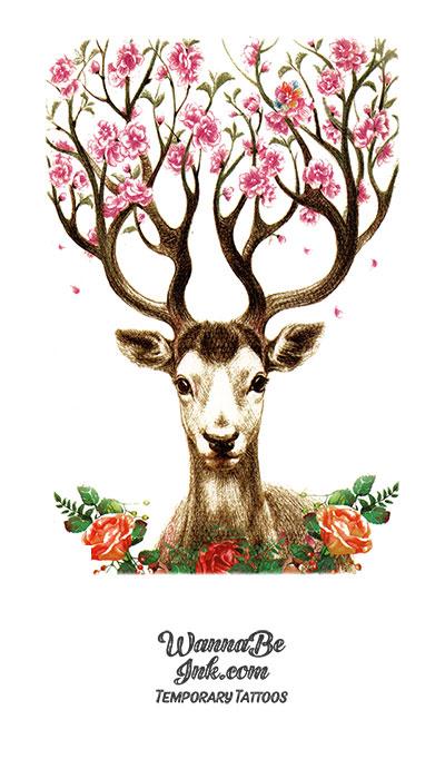 Light Brown Stag With Pink Rose Blossoms In Antlers Best Temporary Tattoos