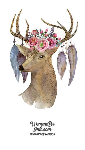 Light Brown Deer With Pink Roses In Antlers and Feathers Best Temporary Tattoos