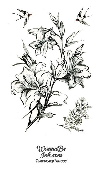 Lillies and Swallows Sketch Best Temporary Tattoos