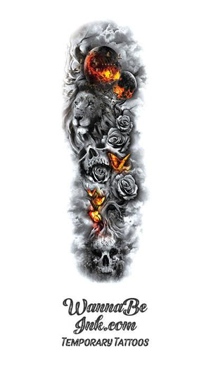 Lion Burning Planets Butterflies Skulls Roses and Birds Temporary Sleeve Tattoos