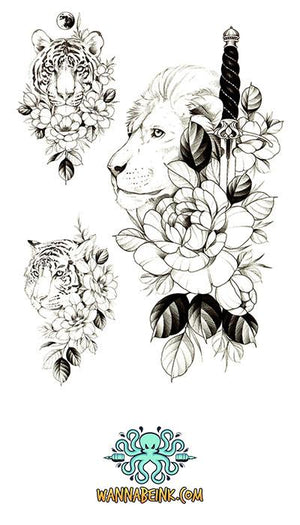 Rabbit Mountain Lion Tiger and Deer Wrapped In Flowers Best Temporary Tattoos