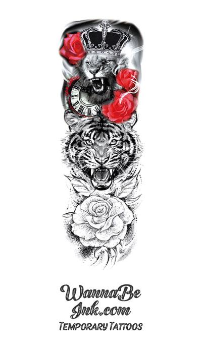 Lion with Crown Roses Tiger Clock Temporary Sleeve Tattoos
