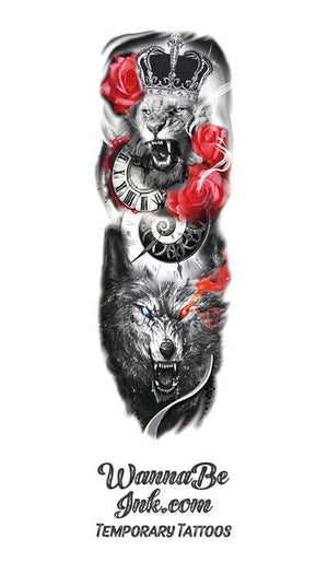 Full Sleeve Arm/Leg Tattoo Clockwork Lion and Wolves – Tattoo for