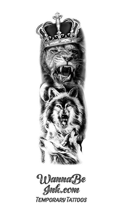Lion with Crown Wolf Against Moon and Wolves Howling Temporary Sleeve Tattoos