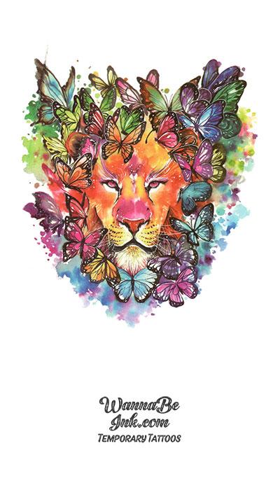 Lion With Mane of Colorful Butterflies Best Temporary Tattoos