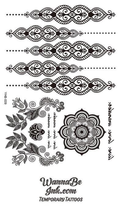 "Live. Love. Wonder" Mandala Flower Pattern Henna Style Black Temporary Tattoo Sheet