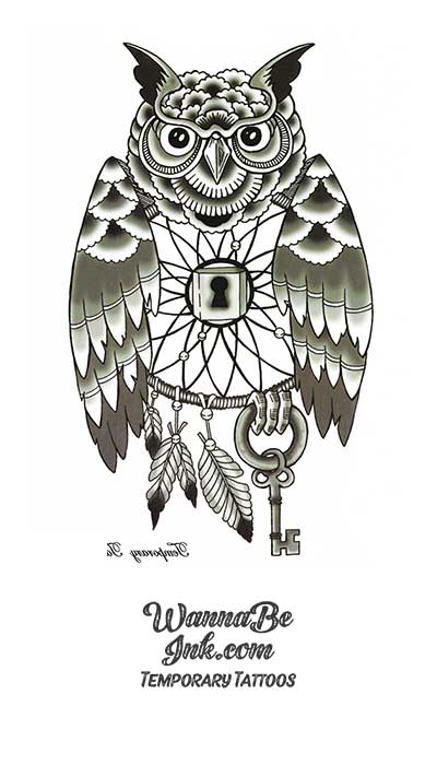 Locked Dream Catcher Owl With Key Best Temporary Tattoos