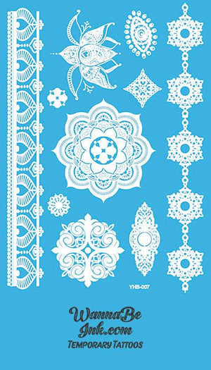 Lotus Eye Pattern Henna Style White Temporary Tattoo Sheet